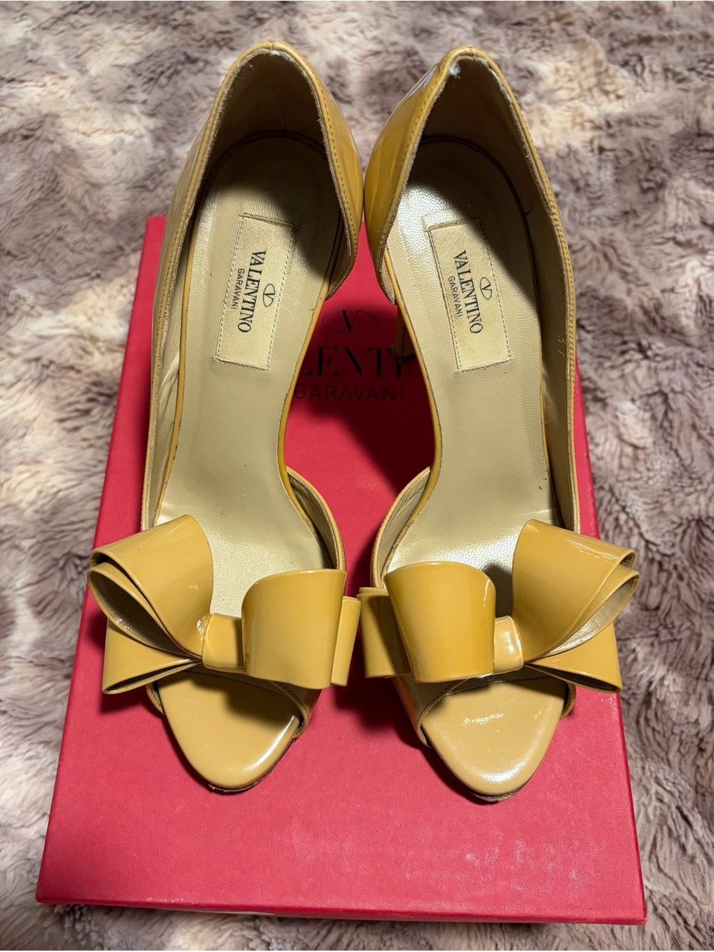Valentino Garavani Tan Leather Bow Peep-Toe Heels